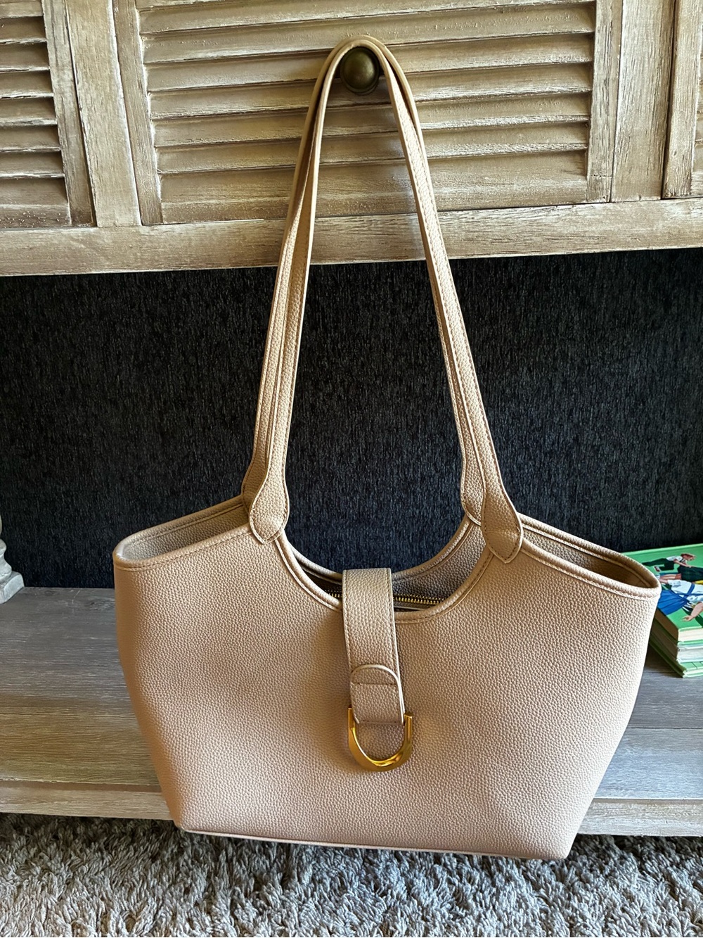 Miztique Pebbled Taupe Tote with Gold Hardware